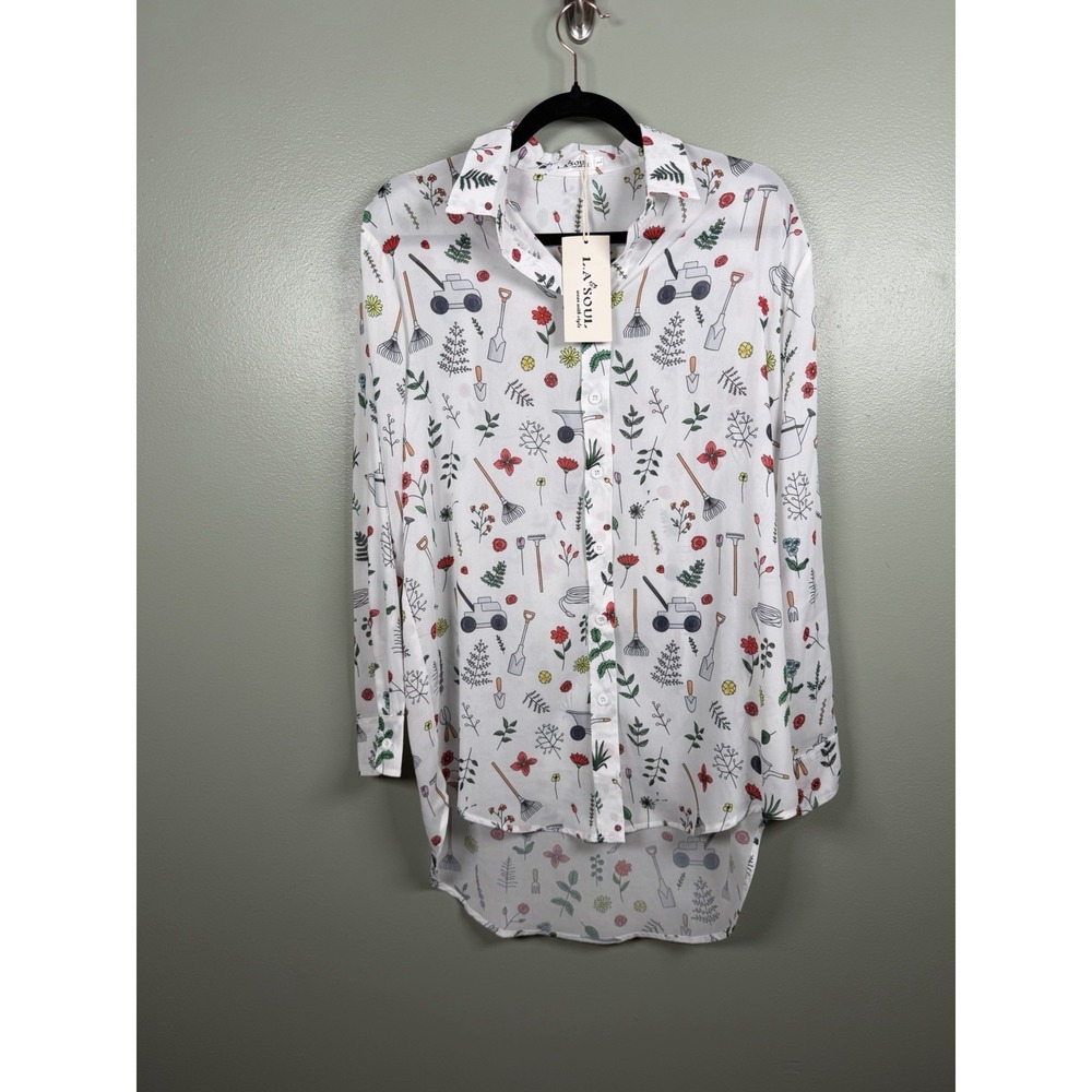 LA Soul Gardening Print Button Front Blouse Large NWT Floral Garden Tools Top